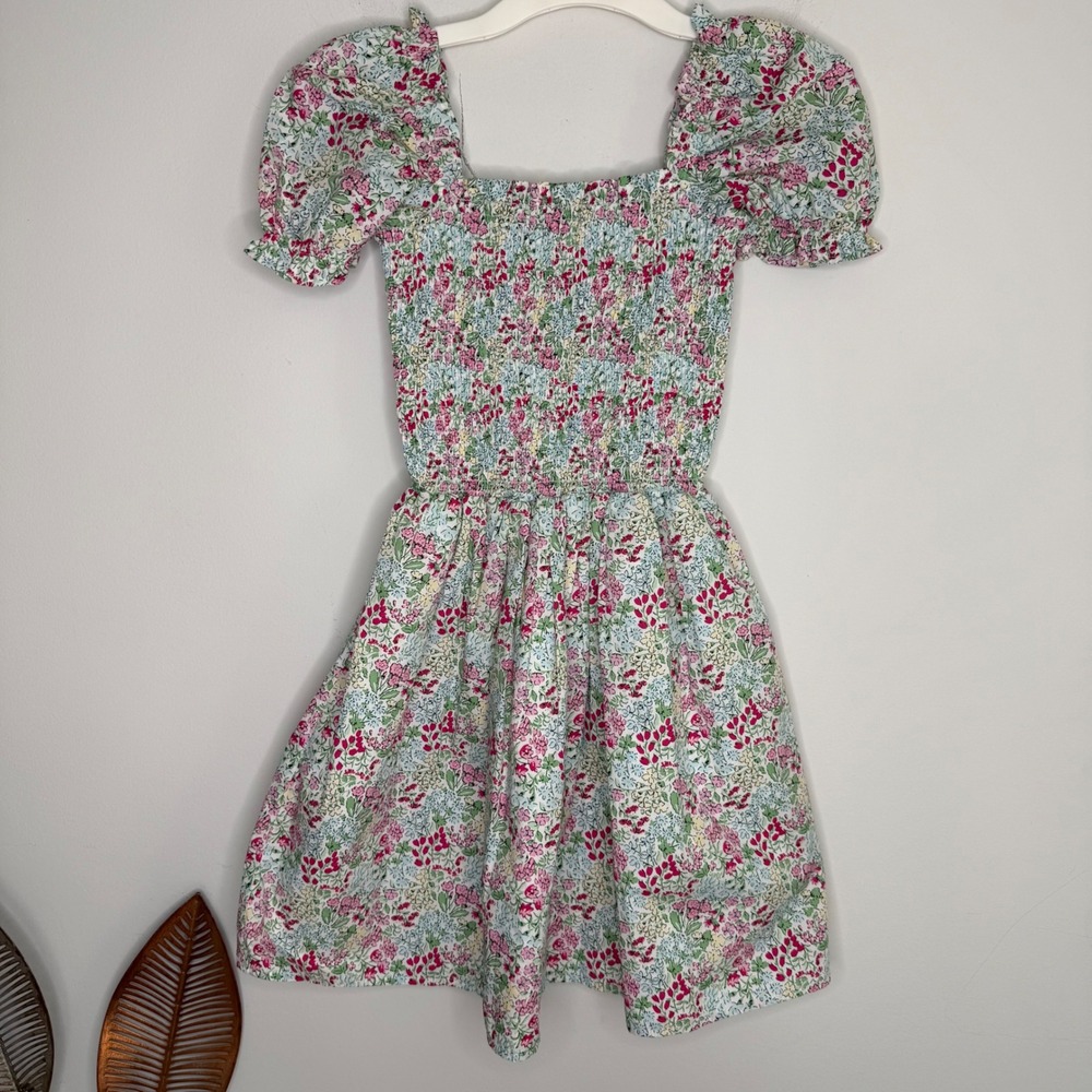 Janie and Jack Girls Floral Smocked Puff Sleeve Dress Pockets Multi Color Sz 14